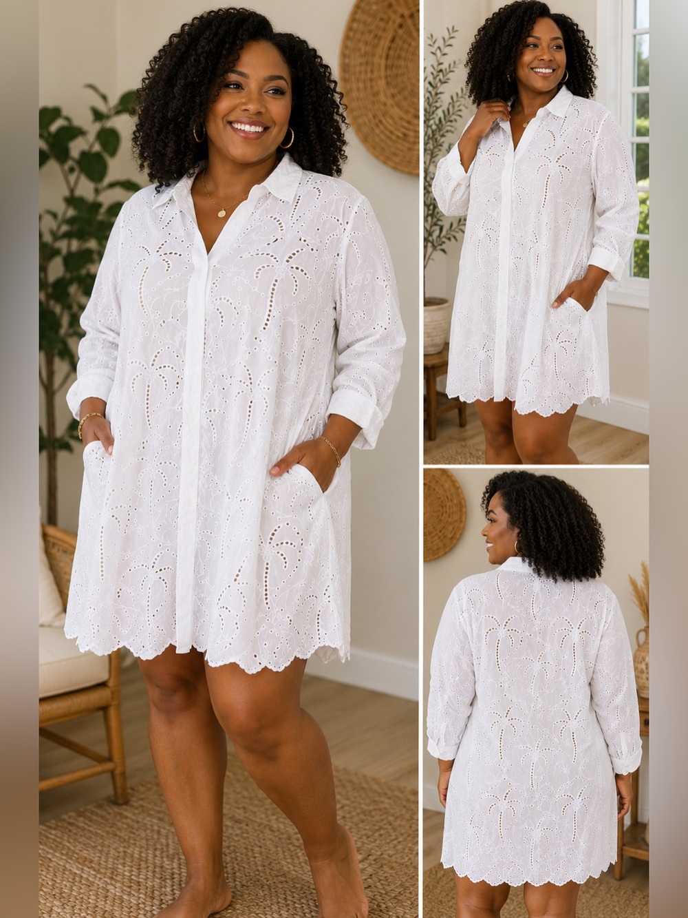 Roller Rabbit White Cotton Eyelet Palm Tree Tunic Shirt Dress Pockets 1X 2X